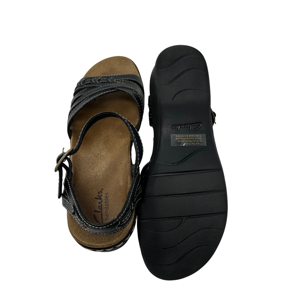 Clarks Bendables Black Leather Wedge Sandals Strappy Ankle Strap Womens 7.5 - Picture 10 of 14